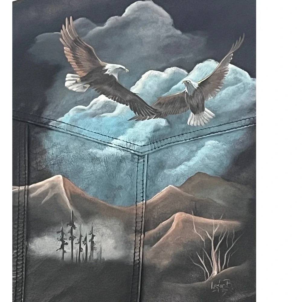Vtg Leather Biker Vest Airbrushed Eagles in Flight Mountain Sz‎ Med name GAR